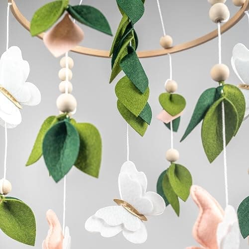Butterfly Mobile for Crib - A Beautiful Butterfly Handmade Crib Mobile with Green Leaves, Pink, White and Gold Detail for a Nature or Wildflower Theme Nursery thumbnail 4