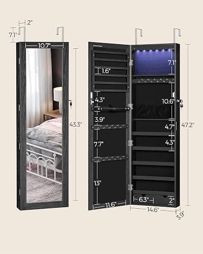 SONGMICS 6 LEDs Mirror Jewelry Cabinet, 47.2-Inch Tall Lockable Wall or Door Mounted Jewelry Armoire Organizer with Mirror, 2 Drawers, 3.9 x 14.6 x 47.2 Inches, Black UJJC093B01 thumbnail 2