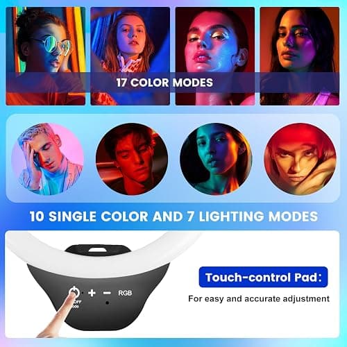 Sensyne 10'' RGB Ring Light with 50'' Extendable Tripod Stand, Circle Lights with Phone Holder for Live Stream/Makeup/YouTube Video/TikTok, Compatible with All Phones thumbnail 4
