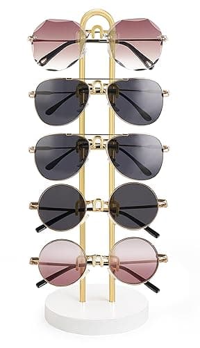 Mkono Sunglasses Organizer Glasses Holder Stand Sunglass Storage Eyeglasses Rack Metal Frame with Wood Base for 5 Pairs of Eyewear Display for Table Desk Countertop Dresser Bedroom, Set of 1, Gold - Image 1