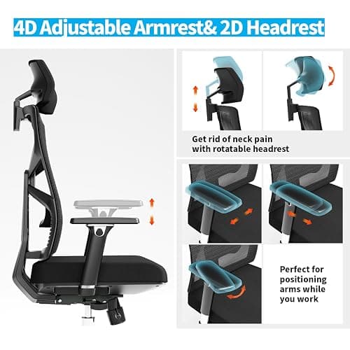 HOLLUDLE Silla de Oficina Ergonómica con Respaldo Adaptativo, Silla de Escritorio de Alto Respaldo con Reposabrazos 4D, Profundidad de Asiento Ajustable, Soporte Lumbar y Reposacabezas 2D, Negro thumbnail 4