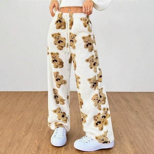 Zeiayuas Fleece Lounge Pants for Women UK Teddy Bear Pyjamas Bottoms Winter Plush Fluffy Pajama Pants Comfy Soft Warm Sleepwear Faux Fur Loose Trousers Girls Cute Print Trousers thumbnail 2