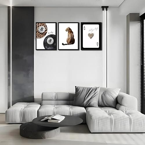Framed Trendy Leopard Wall Art Set of 3, Funky Preppy Cheetah Wall Decor Paintings, Fashion Lucky 8 Posters Prints Pictures for Living Room Bedroom Dorm 12x16 Inch Black Wood Frame thumbnail 9