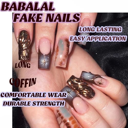 BABALAL Square Press-on Nails - Long Fake Nails with French Tip, Glue-on with 3D Water Wave Designs, Squoval Tips - 24pcs Set of Brown Chrome Acrylic False Nails Y2k Style for Women and Girls thumbnail 5
