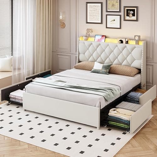 Queen Size Bed Frame with 4 Drawers and Storage Headboard, Upholstered Button Tufted Platform Bed Queen with Led Lights and Charging Station, No Box Spring Needed, Easy Assembly, Noise Free, Beige thumbnail 8