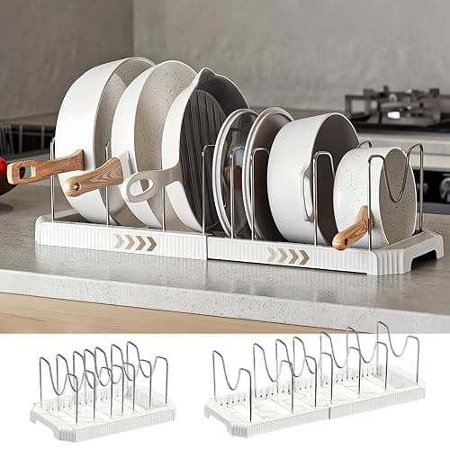 Silanit Expandable Pot and Pan Organizer Rack for Kitchen Cabinet or Under Sink, Adjustable Lid Holder with 7 Dividers, Space-Saving Storage for Renters, Small Homes, and Busy Cooks, White - Image 1