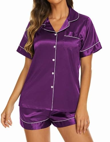 Ekouaer Womens Pajamas Silk Satin Short Sleeve Button Down Pjs Shorts Set | Silky Soft,Notch Collar,2 Piece Set for Sleep,Lounge,Bridal,Bridesmaid,Vacation,Postpartum,Travel,Gift thumbnail 3