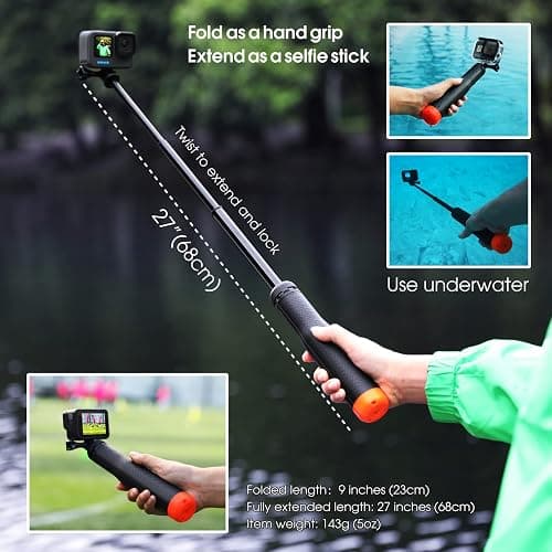SOONSUN 4in1 Floating Selfie Stick Tripod for GoPro Hero 13 12 11 10 9 8 7 6 5 4 3, Max, AKASO, Osmo Action 3/4/5 Pro Camera - As Waterproof Extension Monopod Pole Floating Handle Grip Tripod Stand thumbnail 5