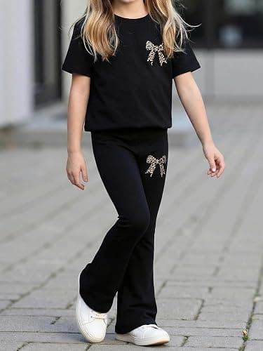 xueteox Girls Long Sleeve Sweatshirt 2 Piece, Bow Graphic Top and Pants Spring Fall Fashion Casual Clothes. thumbnail 6