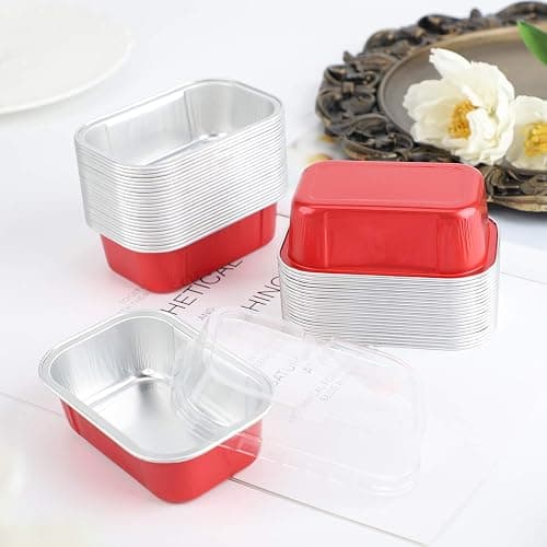 EUSOAR Cupcake Cups with Lids, 5.7oz 50pcs Disposable Desserts Flan, Baking Cups with Lids, Aluminum Foil Desserts Cupcake Flan, Catering Gathering Shower Favor-Red thumbnail 2