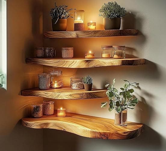 Live Edge Corner Wall Shelf, Solid Wood, Natural Grain, Floating Mount (20" W X 6" D X 1.5" (Inches)) thumbnail 6