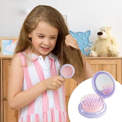 RHOS Hair Brush with Mirror for Women, Girls - Compact Folding Brush with Soft Nylon Bristles and Mirror - Portable Hair Brush for Travel (Purple) thumbnail 6