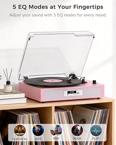 VICTRESS Vinyl Record Player, Built-in Dual Speakers, Anti-Vibration, Pink | Vintage Vinyl Player, 3-Speed Bluetooth Turntable with USB Recording & Playback, 5 EQ Modes, RCA Out, LED Display, Auto Stop thumbnail 6