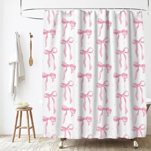 Cute Shower Curtain, Bow Pattern Waterproof Fabric Shower Curtain for Bathroom Decor, Aesthetic Modern Shower Curtains Sets with Hooks for Women Girls 72x72 Inches (Pink) thumbnail 8