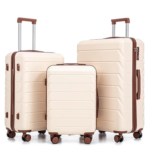 Merax 3 Piece ABS Hardside Luggage Sets Spinner Wheels Suitcase with Lock, Beige, 20/24/28 Inch - Image 1