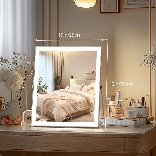 Vanity Mirror with Lights,10"x12" Lighted Makeup Mirror with 3 Color Modes, 360° Rotation Makeup Mirror with Lights, Dual Power Supply, Portable Desk Mirror, Smart Touch Control (White) thumbnail 5