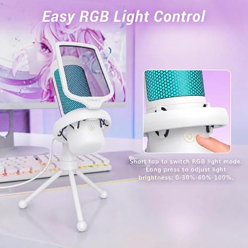 TONOR Gaming Microphone, RGB PC Microphone, Cardioid Condenser USB Mic with Adjustable Light Modes & Brightness, Quick Mute, Gain Control, for LiveStreaming, Recording, PS4/5, Mac, TC310 White thumbnail 4
