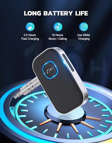 COMSOON Bluetooth Receiver for Car, Noise Cancelling 3.5mm AUX Bluetooth Car Adapter, Wireless Audio Receiver for Home Stereo/Wired Headphones, Hands-Free Call, 16H Battery Life - Black+Silver thumbnail 6