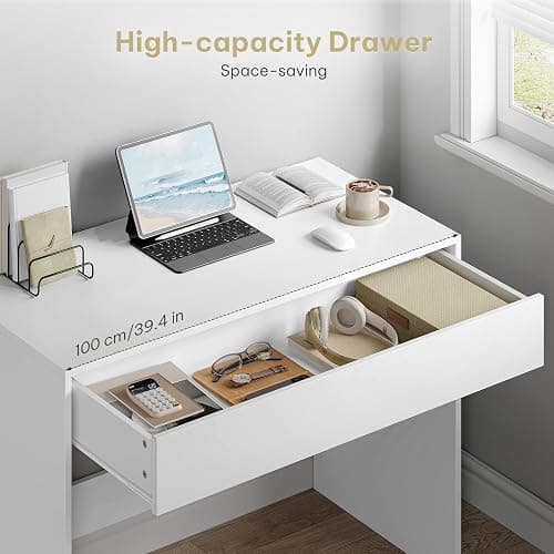 eSituro Computer Desk with Drawer, Home Office Desk 100x50x75 cm, Vanity Table with Storage, Dressing Table for Bedroom, White thumbnail 6