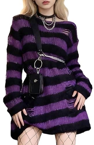 URAWESO Goth Y2K Striped Sweater Ripped Punk Gothic Long Sweaters for Women Harajuku Aesthetic Halloween Pullover Tops - Image 1