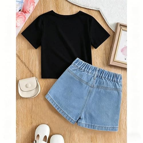 Voxikodex Girls Clothes 2PCS Butterfly Print Short Sleeve T-Shirt Denim Skirt Shorts Set Teen Tween Girls Summer Outfits Set thumbnail 2