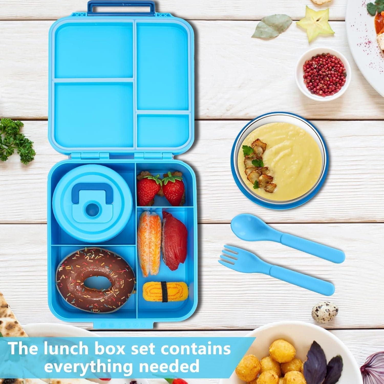 Kids Lunch Box - Insulated Bento Box with Stainless Steel Thermos & Leak-Proof Containers for School, Travel, and Outdoor | 300ml Food Jar & Square Container (Blue) thumbnail 4