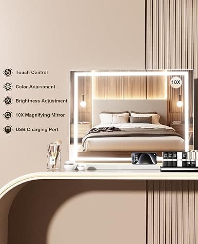 DKGEVEAO Vanity Mirror with Lights, 23" x 18" Makeup Mirror, Lighted Makeup Mirror with 3 Color Modes & Adjustable Brightness, Detachable 10x Magnification and USB Charging Design (White) thumbnail 6