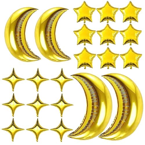 54Pcs Star Foil Balloons Moon Foil Mylar Balloons Kit with 50Pcs Gold Star Balloons and 4Pcs Large Moon Foil Balloons for Baby Shower Christmas Anniversary Engagement Wedding Birthday Party Decoration - Image 1