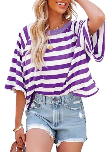 Dokotoo Tops for Women Striped 2026 Fashion T Shirts for Women Color Block Crewneck Design Loose Basic Tee - Image 1