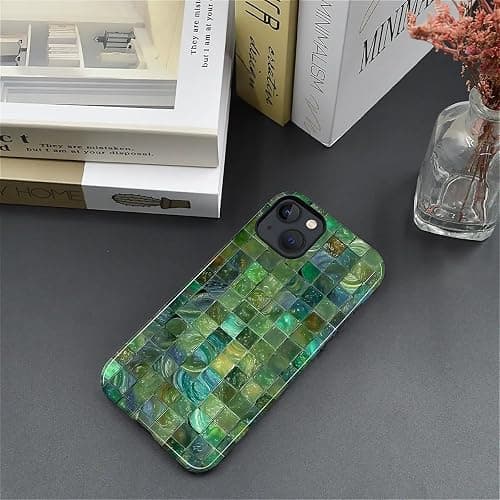 Kapadiy Case for iPhone 13 iPhone 14 Case,Green Toned Glass Mosaic Patten Design Hybrid Dual Protection Silicone + Hard PC Shockproof Full Body Cover,Slim Anti-Scratch Protective for Men Women thumbnail 5
