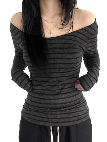 EMMIOL Off The Shoulder Tops for Women Striped Long Sleeve Shirts Going Out Top Y2k Fall Clothes - Image 1