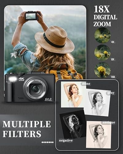 ULPTXOO 4K Digital Camera for Beginners & Teens, Autofocus Vlogging Camera with 180° Flip Screen, 18X Zoom, Easy-to-Use Compact Travel Camera, WiFi, 2 Batteries, 32GB Card thumbnail 6