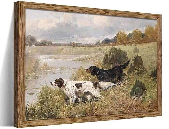 Wood Framed Vintage Dog Wall Art, Retro Country Hunting Dog Animal Canvas Wall Decor Paintings, Antique Rustic Farmhouse River Landscape Posters Prints Pictures for Living Room Gallery 16x24 Inch - Image 1