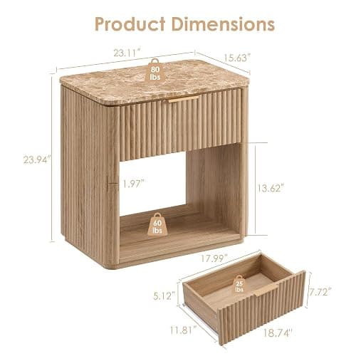 Fluted Nightstand Set of 2, Bedside Table with Faux Marble-Top, Engineered Wood Side Table with Drawer Open Shelf, Curved Corners, Modern Night Stand for Bedroom, Small Spaces, Natural Oak thumbnail 3