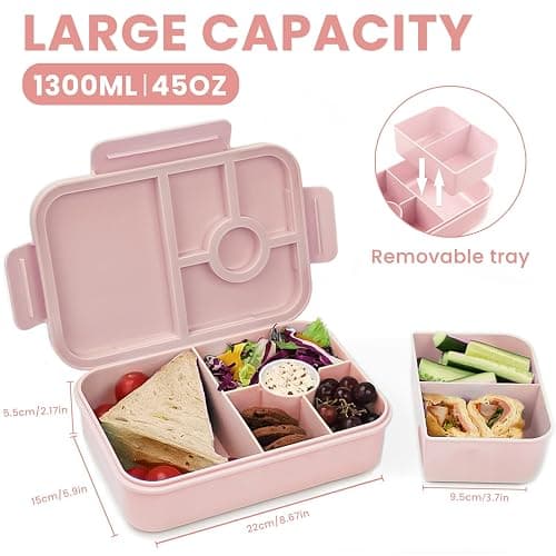 Bugucat Brotdose Kinder mit Fächern 1300ML, Auslaufsicher Lunchbox Kinder, Bento Box mit Besteckset, Brotdose für Erwachsene,Vesperdose Frühstücksbox für Mädchen & Jungen Rosa thumbnail 3