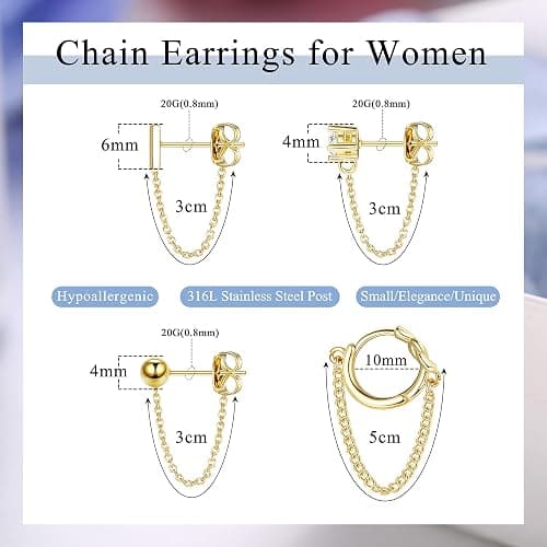YADOCA 4 Pairs 14K Gold Chain Stud Earrings for Women Hypoallergenic | Stainless Steel CZ Ball Bar Huggie Hoop Earrings Stacks With Dangle Chain Cartilage Helix Earring Sets for Multiple Piercing thumbnail 6