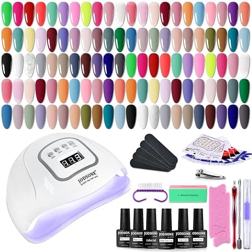 JODSONE 60 Bottles of Gel Nail Polish Kit with U V Light 55 Kinds of Gorgeous and Charming Gel Polish Kit 5 Pieces Soak off Glossy Matte Top Coat Base Coat - Image 1