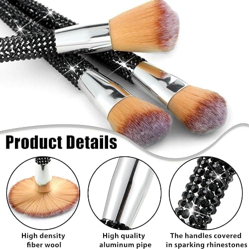 Rtteri 13 Pcs Rhinestone Black Makeup Brushes Set Bling Crystal Professional Face Cosmetics Blending Liquid Foundation Powder Concealer Eye Shadows Make up Beauty Tool Glitter with Holder thumbnail 3