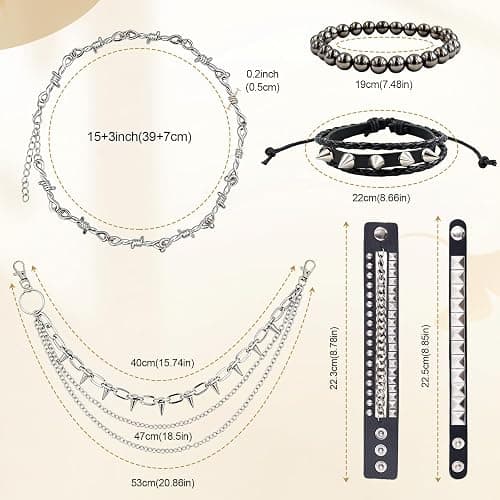 Longbitzen 6PCS Punk Style Jewelry Set with 1 Necklace, 4 Leather Studded Bracelets, 1 Pants Chain for Men Women, Gothic Rocker Grunge Accessories, 80s 90s Outfits thumbnail 2