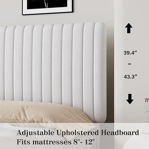 BarnFurin King Size Bed Frame with Adjustable Headboard/Velvet Upholstered Platform Bed with Vertical Channel Tufted Design/No Box Spring Required/Easy Assembly/White thumbnail 6