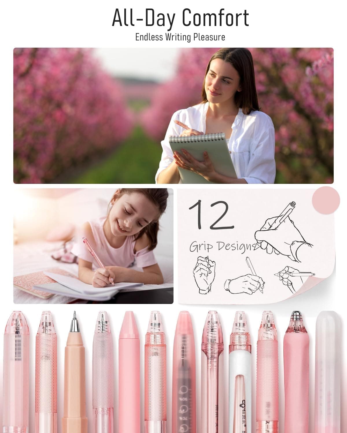 Four Candies 12Pack Pastel Gel Ink Pen Set, 11 Pack Black Ink Pens with 1Pack Highlighter for Writing, Retractable 0.5mm Fine Point Gel Pens, Cute Note Taking Pens for School Office (Pink) thumbnail 6