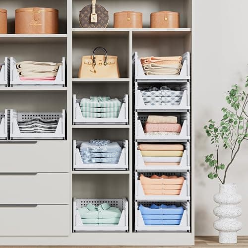 5 Pack Stackable Closet Storage Basket - Stackable Storage Bins, Multifunctional & Foldable Closet Organizer Waterproof, Wardrobe Cupboard Space-Saving Hat Storage Drawer Organizer, White thumbnail 6