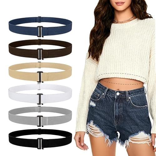 6 Pack Invisible Women Crop Top Tuck Stretch Belt No Show Elastic Web Strap Belt with Flat Buckle for Jeans Pants Dresses, F-black+coffee+blue+white+khaki+grey, US Size 0-16 - Image 1