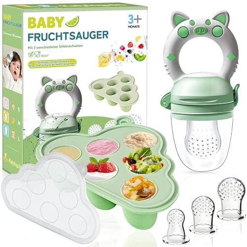 Fruchtsauger Baby ab 3 Monate - Früchte Futterspender Set mit Babybrei Einfrieren Behälter, Obstschnuller und Ersatz Silikon Schnuller in 3 Größen, Beikost Baby Zubehör für Obst, Gemüse - Image 1