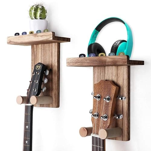 Keebofly 2-Pack Guitar Wall Mount Hanger with Shelf & Pick Holder - Wood Wall Hook for Acoustic, Electric, Bass Guitars, Ukulele (Screw-Mounted, Brown) [Patented] - Image 1