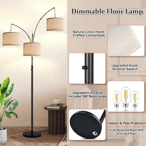 Dimmable Floor Lamp - 3 Lights Arc Floor Lamps for Living Room, 1000LM Modern Tall Standing Lamp With Beige Shades & Heavy Base, Mid Century Tree Floor Lamp for Bedroom Office, 3 LED Bulbs Included thumbnail 4