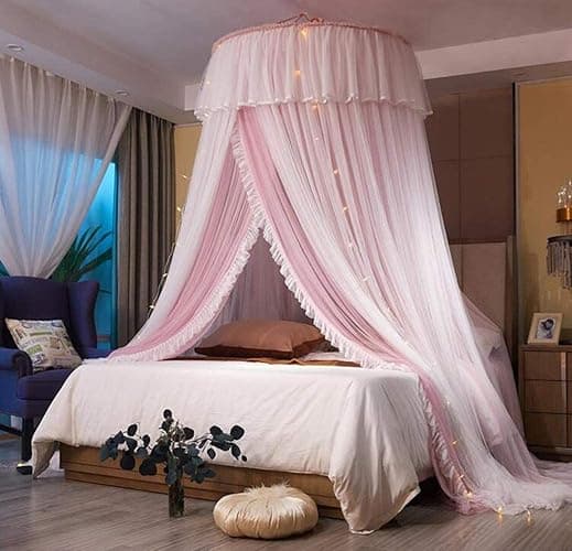 VETHIN Bed Canopy Princess for Girls,Bed Canopy Curtain Double Layer Sheer Mesh Dome Bed Curtain- Round Lace Princess Mosquito Net Tent for Twin Full Queen King Bed(Pink/White) thumbnail 5