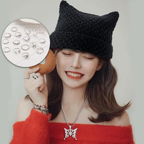 JDRGJTH 24PCS Y2k Jewelry Set,Y2k Accessories Grunge Knitted Cat Beanie,Fairy Grunge Gloves Necklace Rings Bracelet Therian Accessories Set Cosplay Party Jewelry Gift for Women thumbnail 7