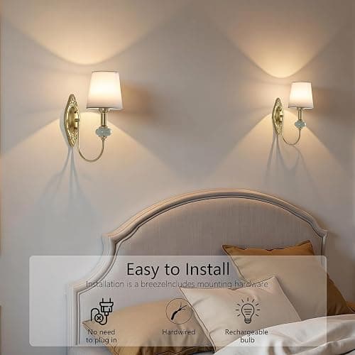HHOCR Vintage Battery Operated Wall Sconce Set of 2, Gold LED RGB 15 Color | Dimmable Wireless Wall Sconces with Remote Control, Antique Fabric Rechargeable Wall Lights for Bedroom Living Room Hallway thumbnail 8