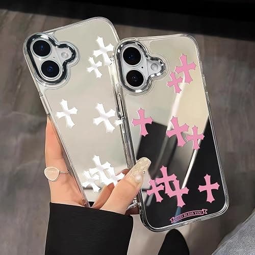 xoniery Compatible with iPhone 16 Plus Case Cute Glossy Mirror Back Case,Pink Cross Pattern,Senior Shockproof Protection for iPhone 16 Plus Case for Women Girls thumbnail 2